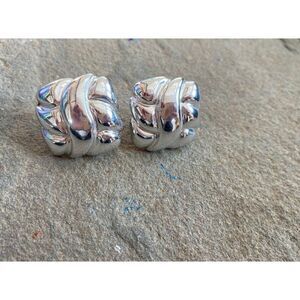 Vintage Earrings Stud Clip On Large Silver Tone 1980s Woven